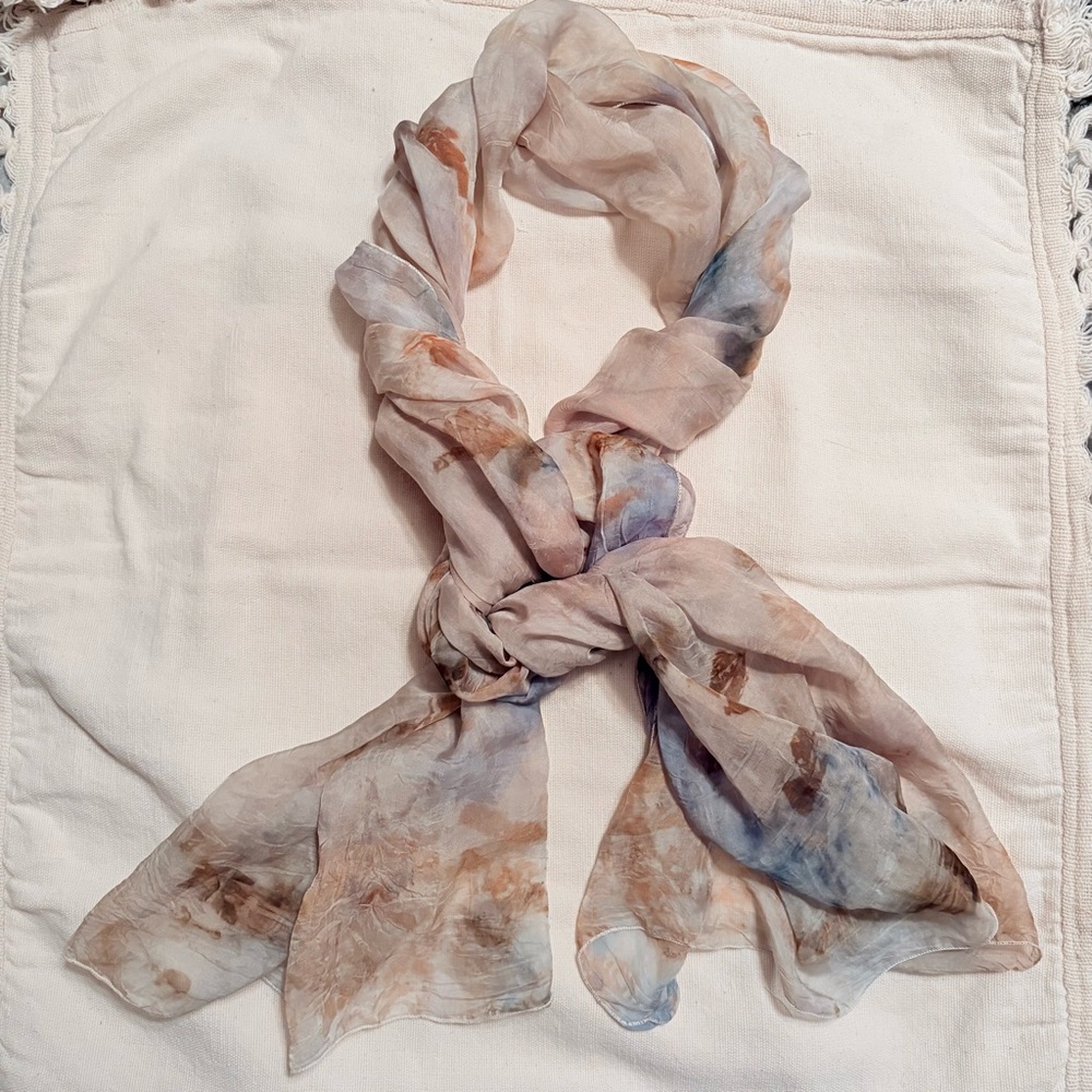 100% Silk Scarf Rectangle Vintage Abstract Print Tan Orange Blue